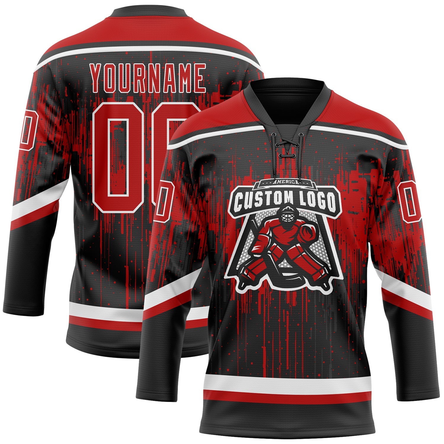 Custom Black Red Steel Gray-White Dripping Splatter Pattern Hockey Lace Neck Jersey view 2