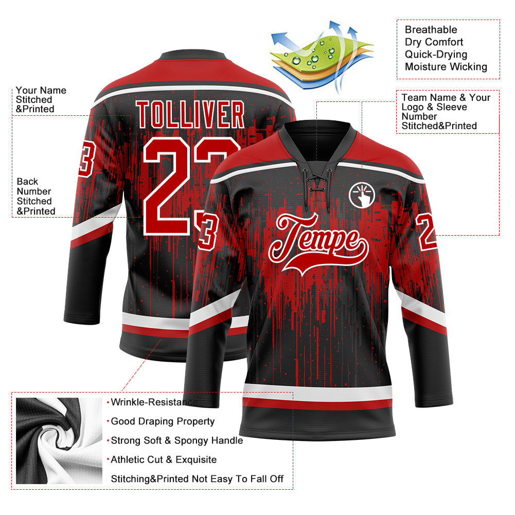 Custom Black Red Steel Gray-White Dripping Splatter Pattern Hockey Lace Neck Jersey view 5