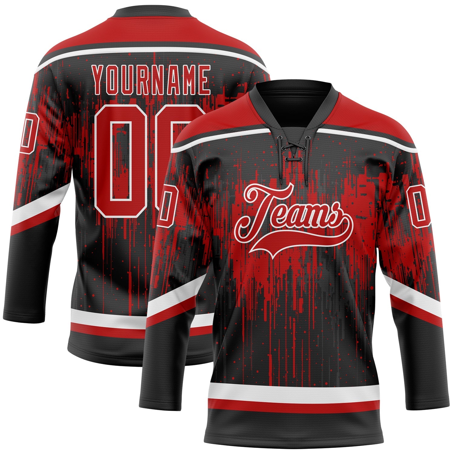 Custom Black Red Steel Gray-White Dripping Splatter Pattern Hockey Lace Neck Jersey - Main View