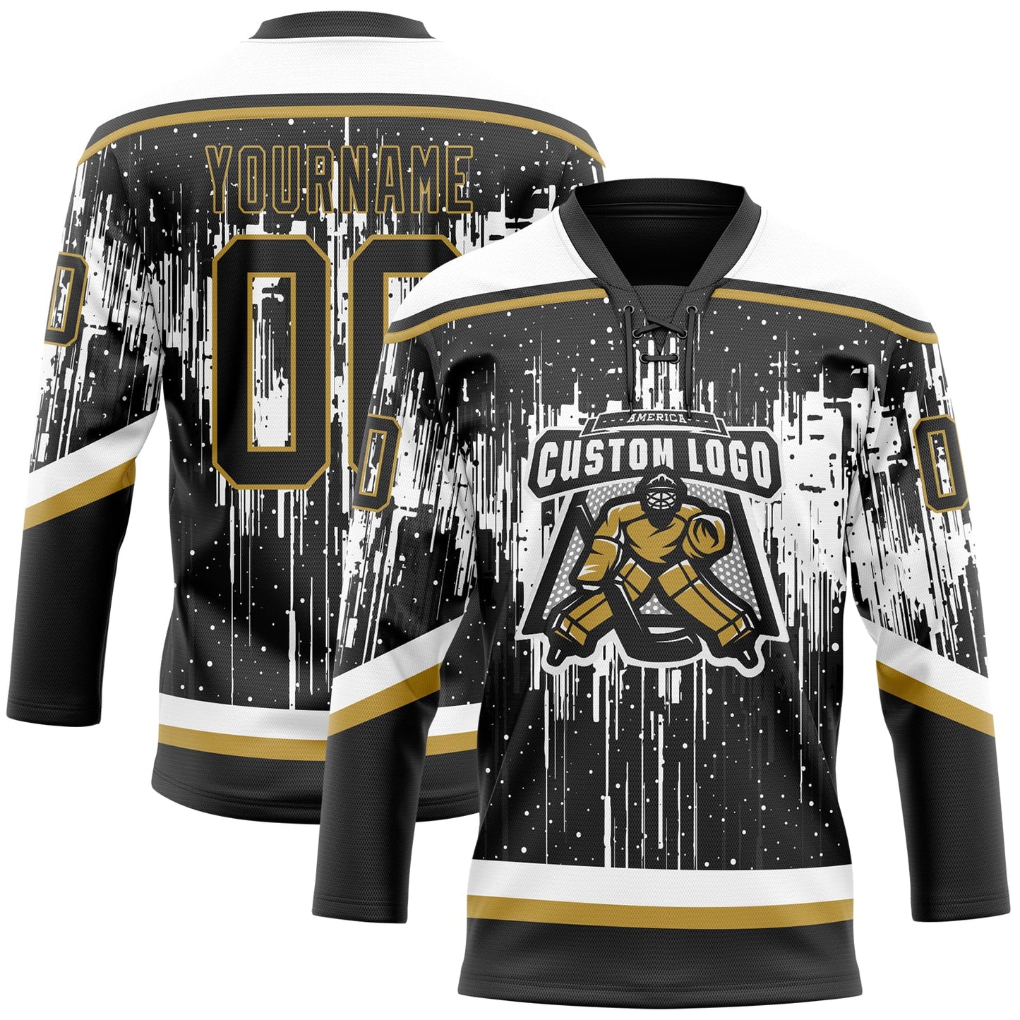 Custom Black Old Gold Steel Gray-White Dripping Splatter Pattern Hockey Lace Neck Jersey view 2