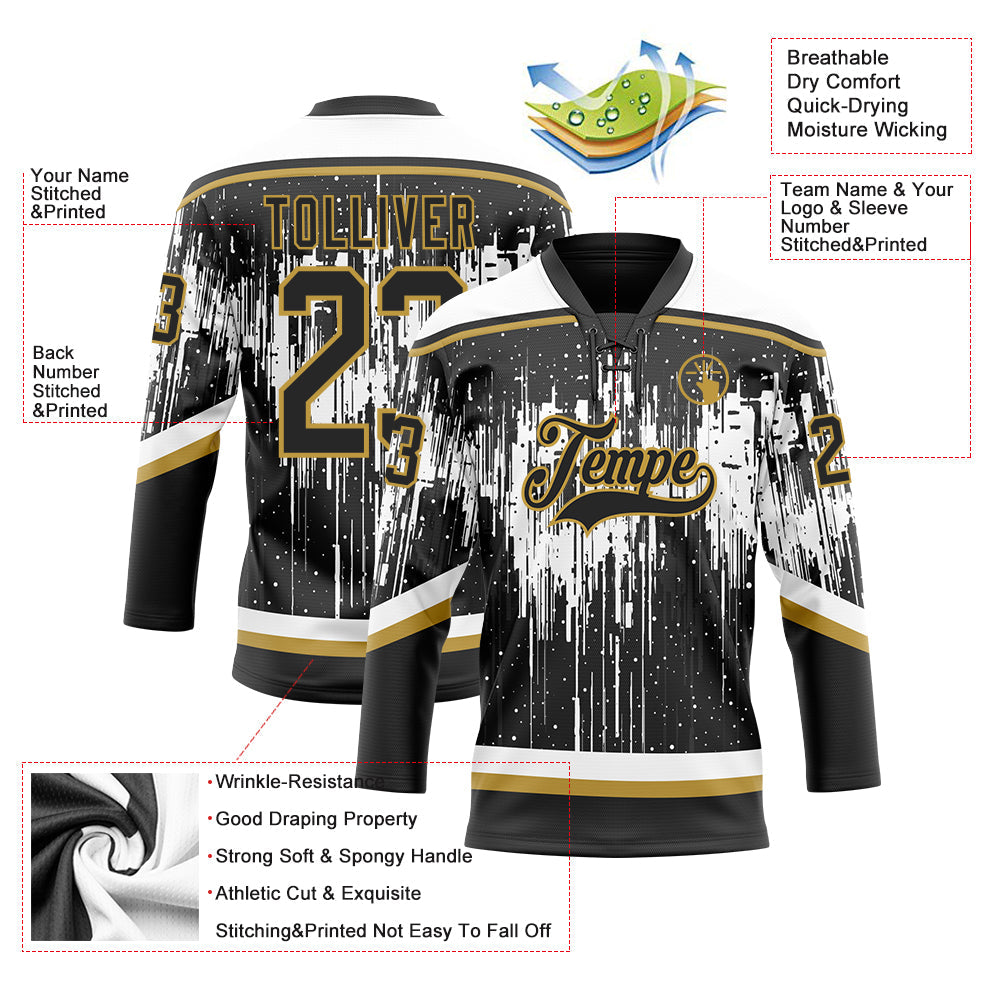 Custom Black Old Gold Steel Gray-White Dripping Splatter Pattern Hockey Lace Neck Jersey view 5