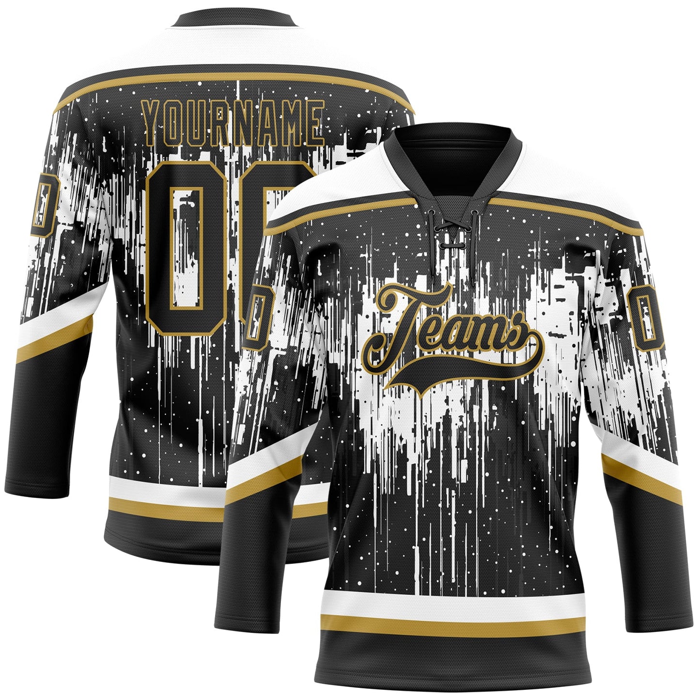 Custom Black Old Gold Steel Gray-White Dripping Splatter Pattern Hockey Lace Neck Jersey - Main View