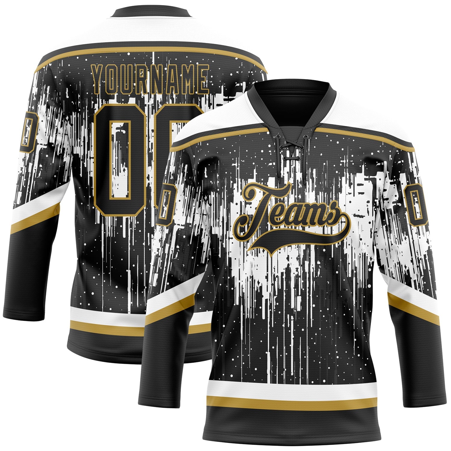 Custom Black Old Gold Steel Gray-White Dripping Splatter Pattern Hockey Lace Neck Jersey - Main View