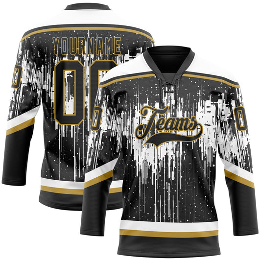 Custom Black Old Gold Steel Gray-White Dripping Splatter Pattern Hockey Lace Neck Jersey - Main View