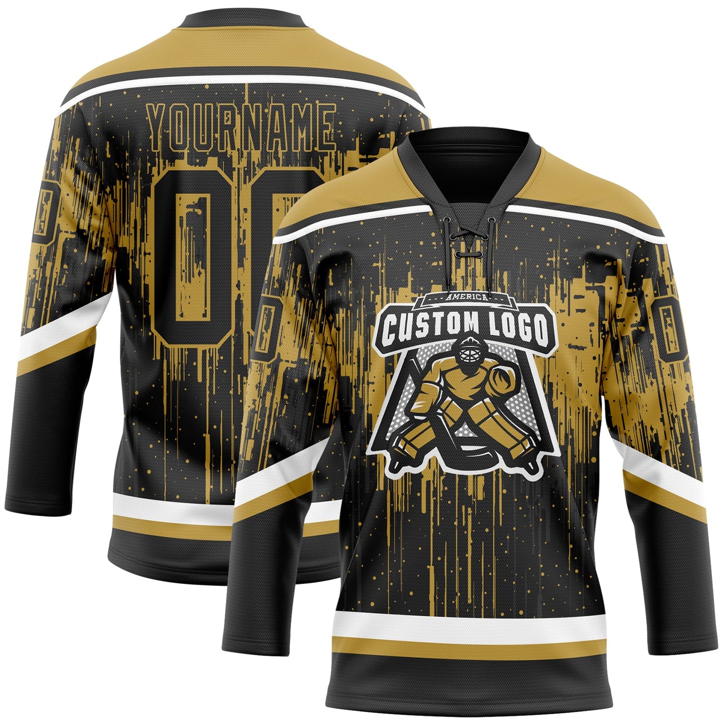 Custom Black Old Gold Steel Gray-White Dripping Splatter Pattern Hockey Lace Neck Jersey view 2