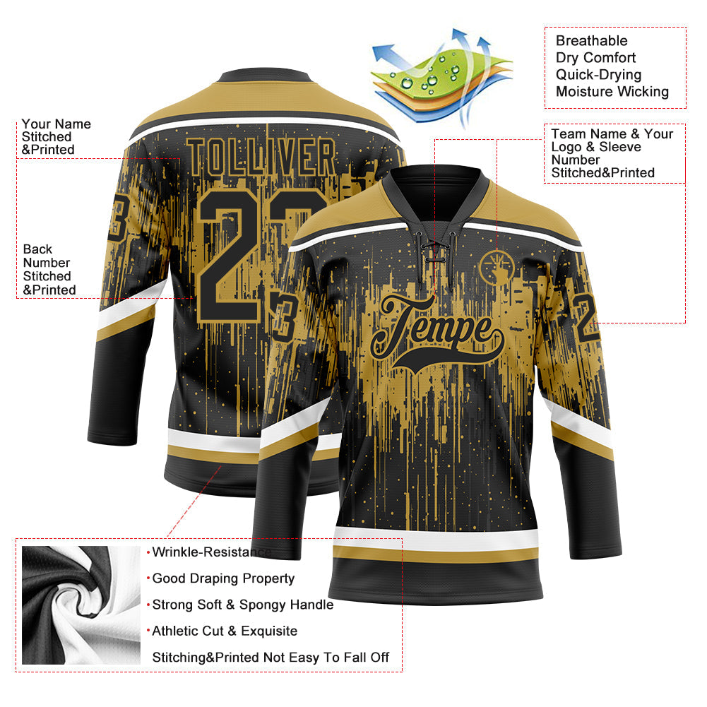 Custom Black Old Gold Steel Gray-White Dripping Splatter Pattern Hockey Lace Neck Jersey view 5
