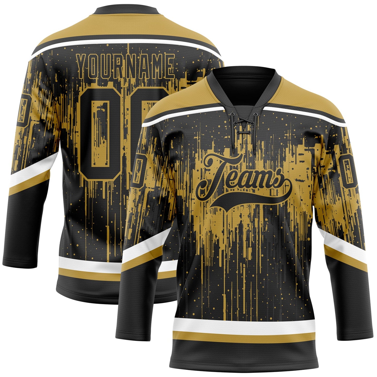 Custom Black Old Gold Steel Gray-White Dripping Splatter Pattern Hockey Lace Neck Jersey - Main View