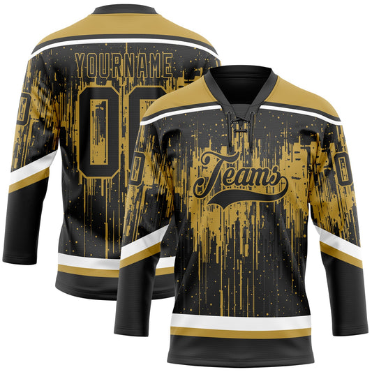 Custom Black Old Gold Steel Gray-White Dripping Splatter Pattern Hockey Lace Neck Jersey - Main View