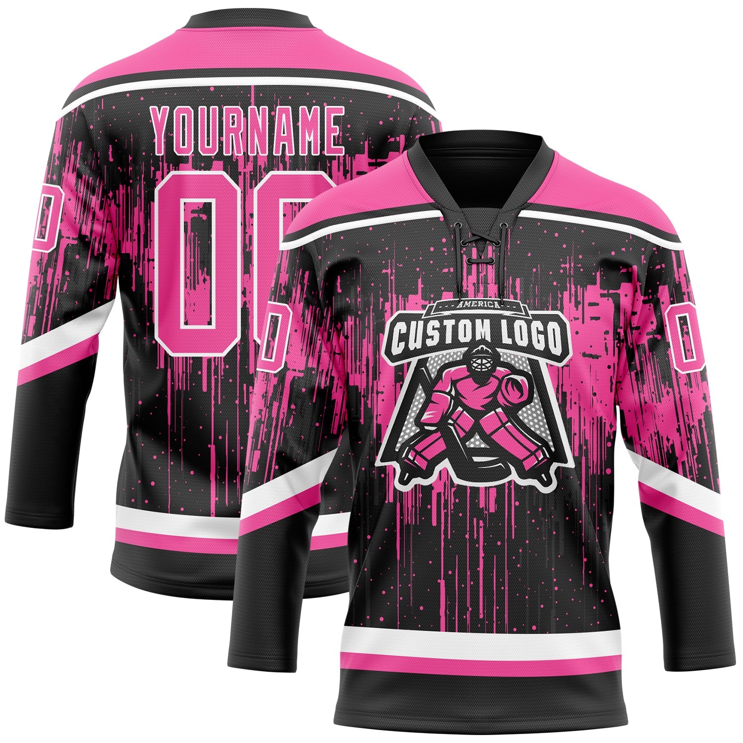 Custom Black Pink Steel Gray-White Dripping Splatter Pattern Hockey Lace Neck Jersey view 2
