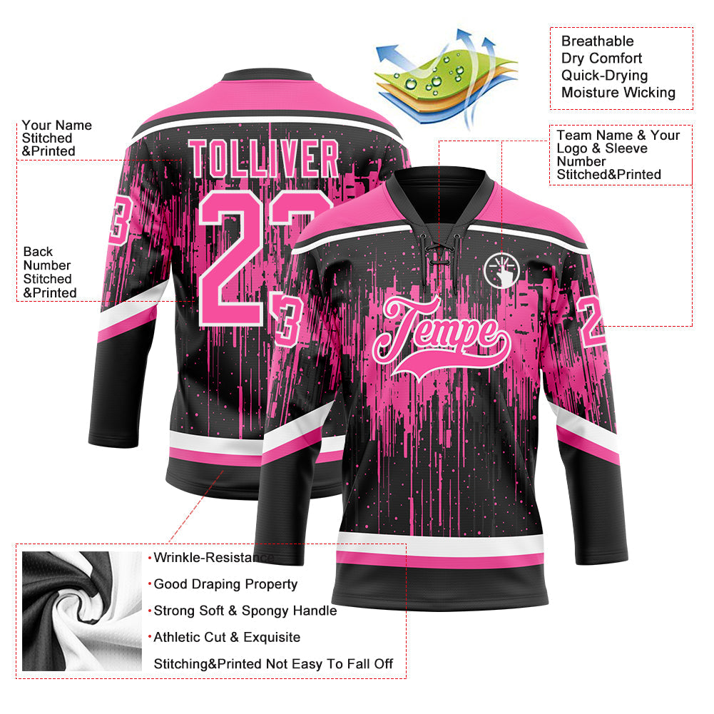 Custom Black Pink Steel Gray-White Dripping Splatter Pattern Hockey Lace Neck Jersey view 5