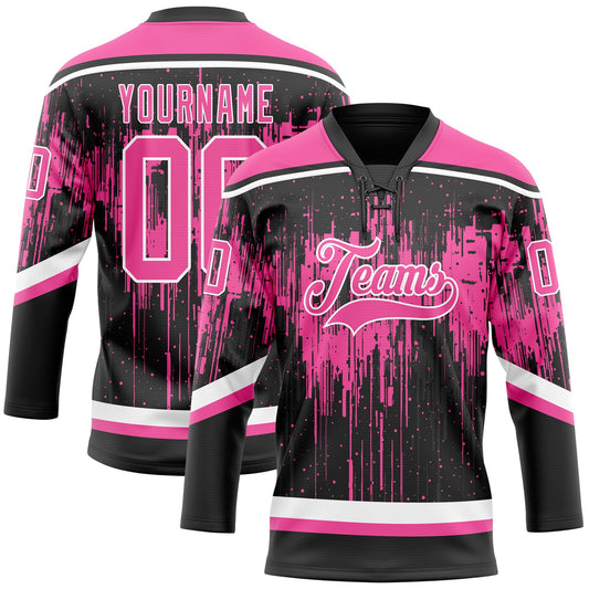 Custom Black Pink Steel Gray-White Dripping Splatter Pattern Hockey Lace Neck Jersey - Main View