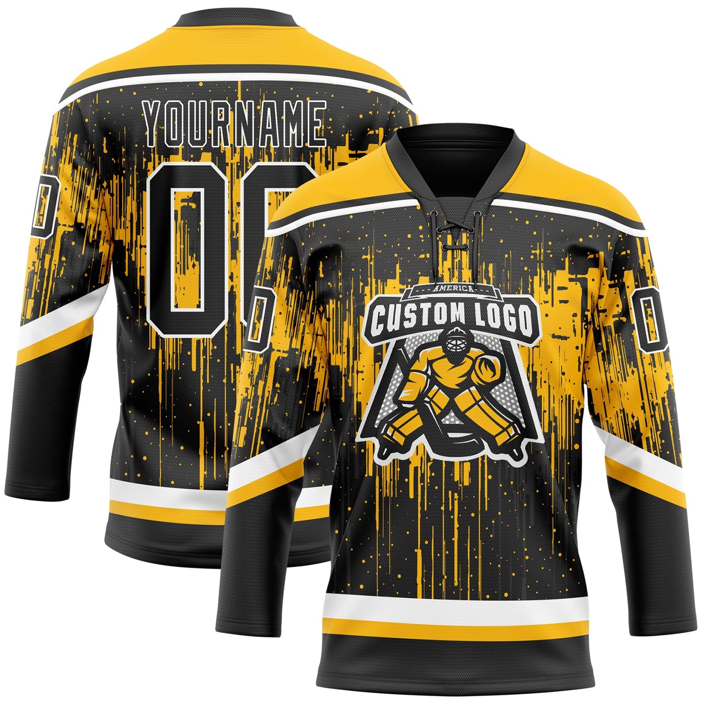 Custom Black Gold Steel Gray-White Dripping Splatter Pattern Hockey Lace Neck Jersey view 2
