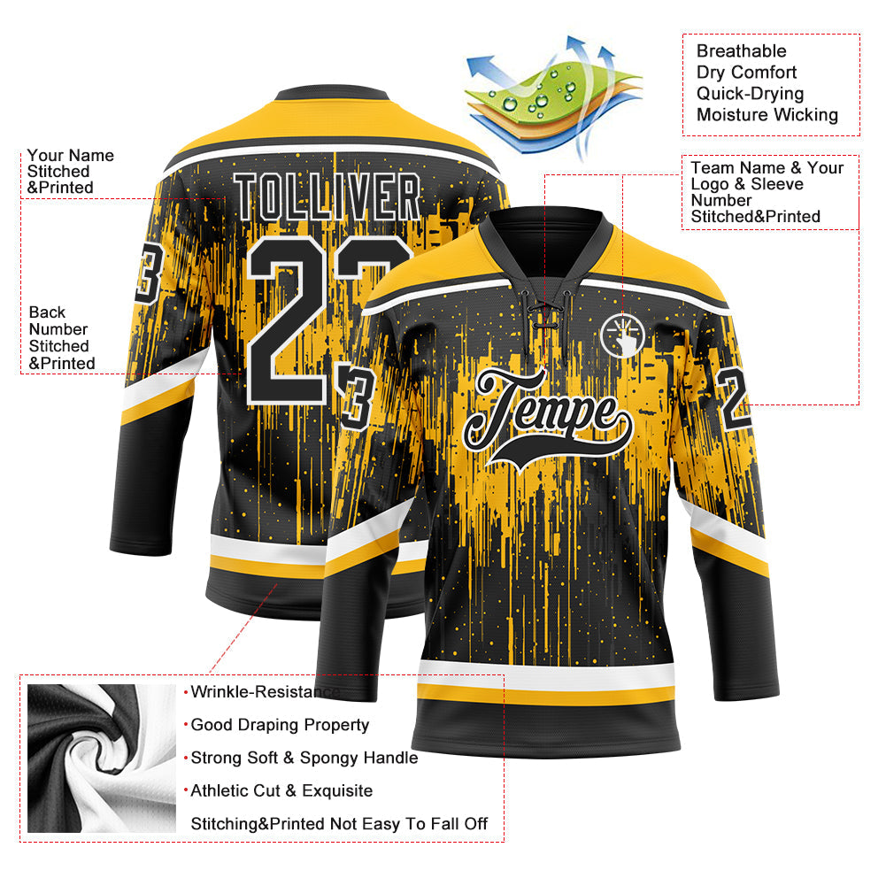 Custom Black Gold Steel Gray-White Dripping Splatter Pattern Hockey Lace Neck Jersey view 5