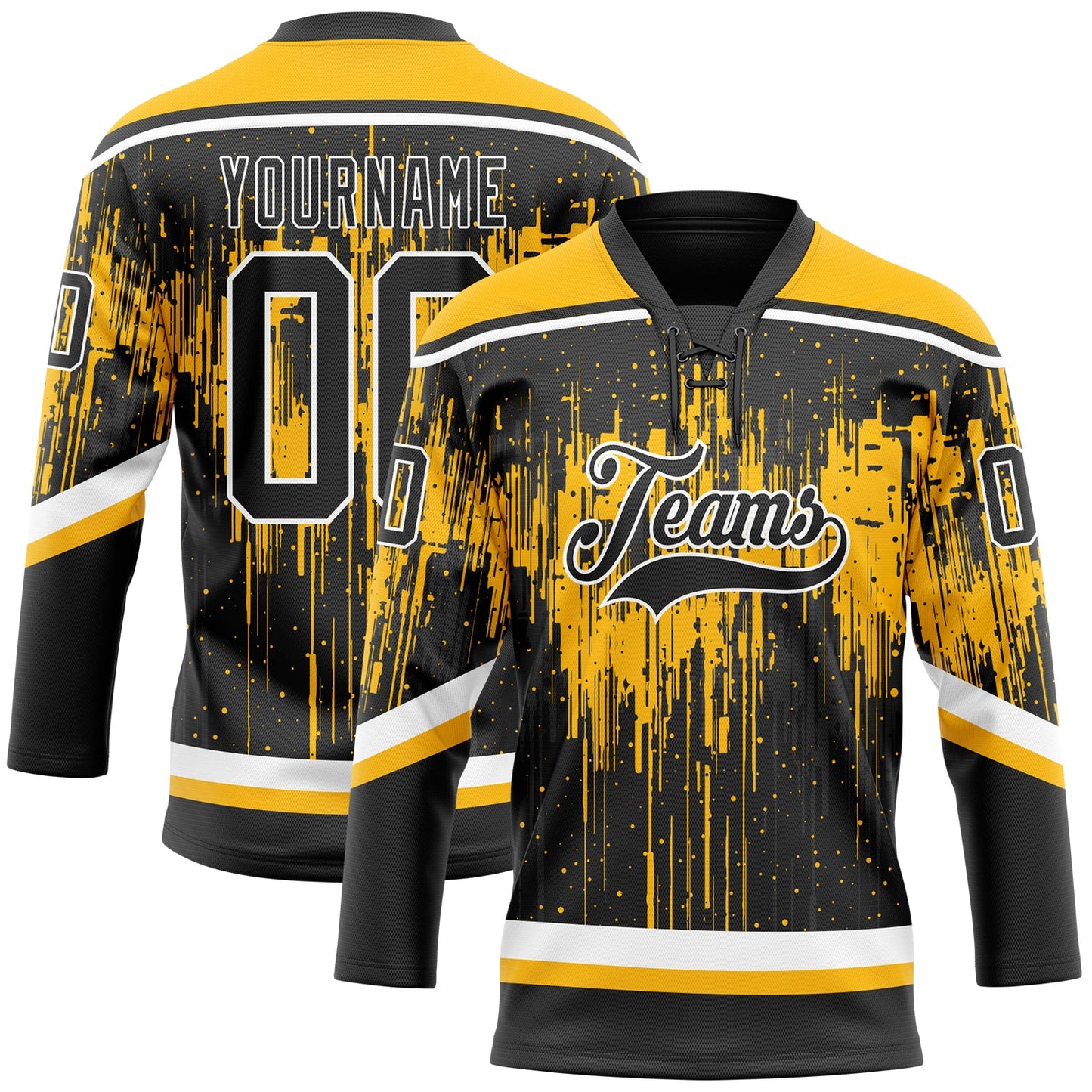 Custom Black Gold Steel Gray-White Dripping Splatter Pattern Hockey Lace Neck Jersey - Main View