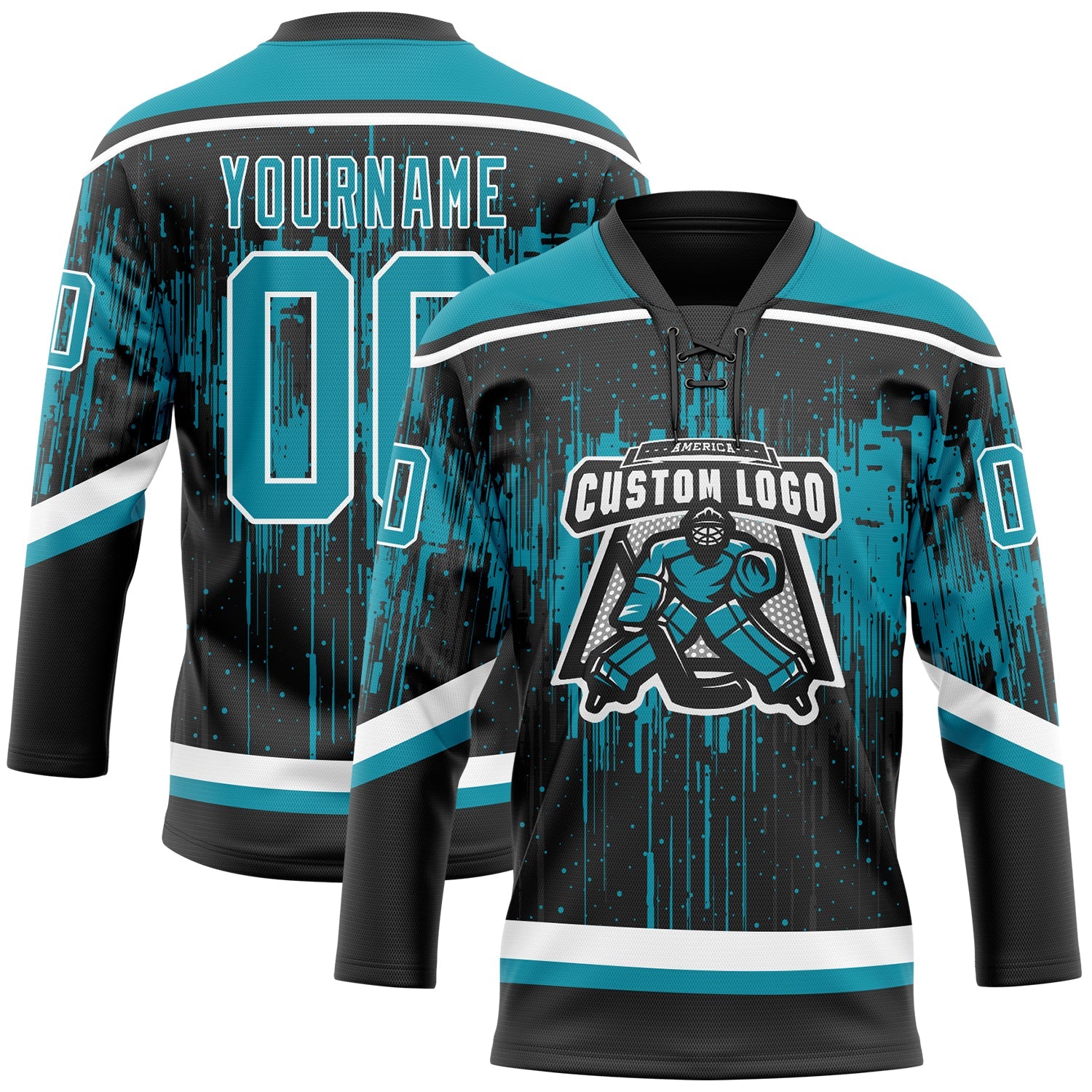 Custom Black Teal Steel Gray-White Dripping Splatter Pattern Hockey Lace Neck Jersey view 2