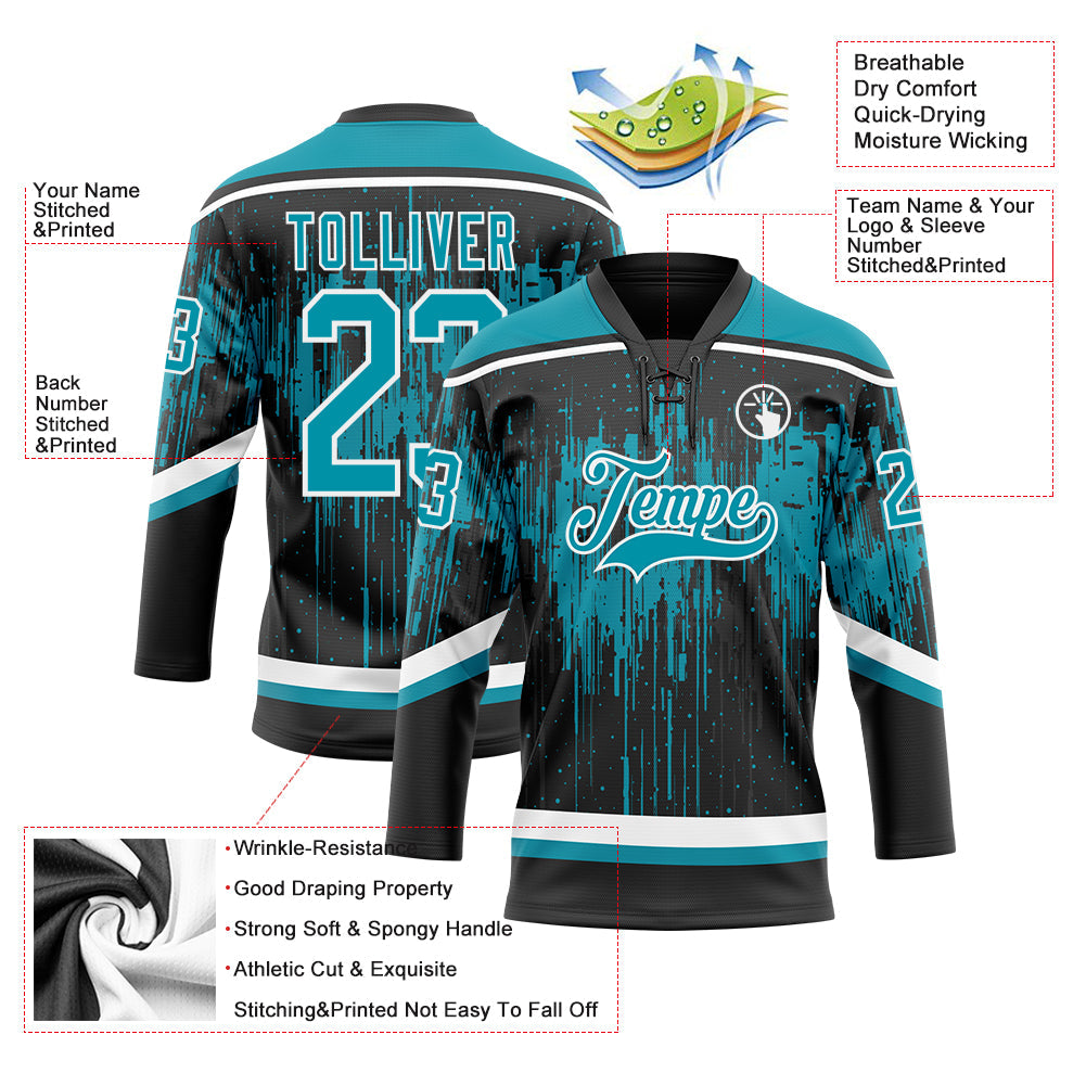 Custom Black Teal Steel Gray-White Dripping Splatter Pattern Hockey Lace Neck Jersey view 5