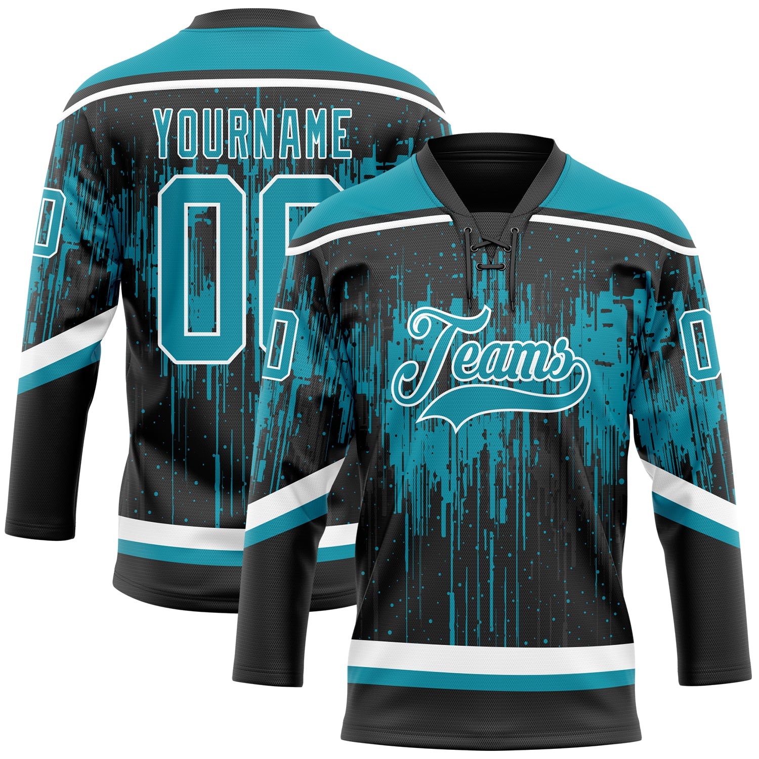 Custom Black Teal Steel Gray-White Dripping Splatter Pattern Hockey Lace Neck Jersey - Main View
