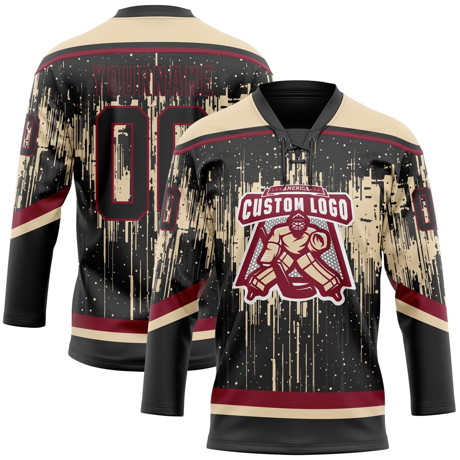 Custom Black City Cream Crimson-Steel Gray Dripping Splatter Pattern Hockey Lace Neck Jersey view 2
