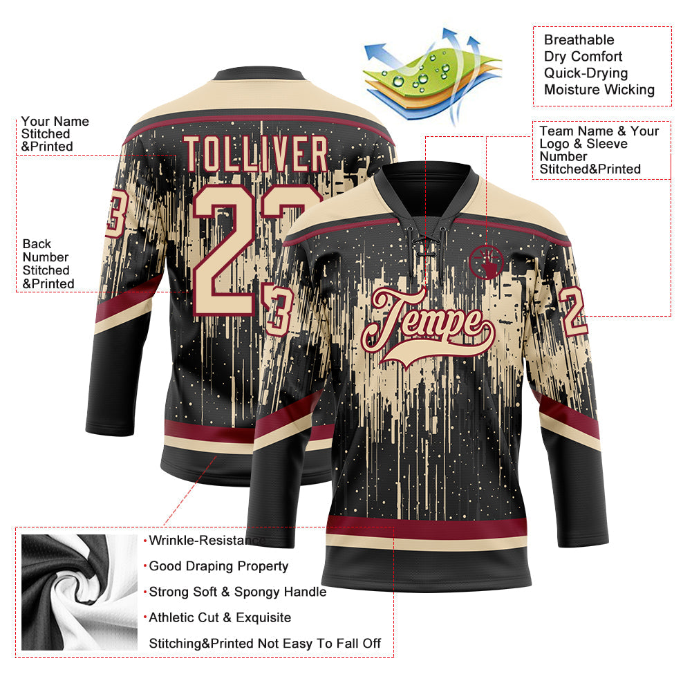 Custom Black City Cream Crimson-Steel Gray Dripping Splatter Pattern Hockey Lace Neck Jersey view 5