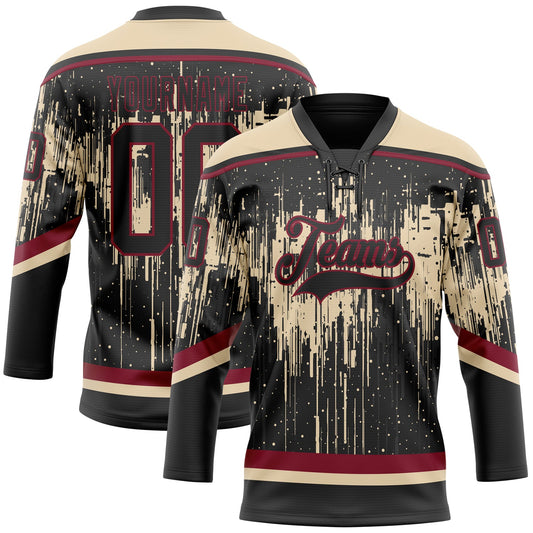 Custom Black City Cream Crimson-Steel Gray Dripping Splatter Pattern Hockey Lace Neck Jersey - Main View