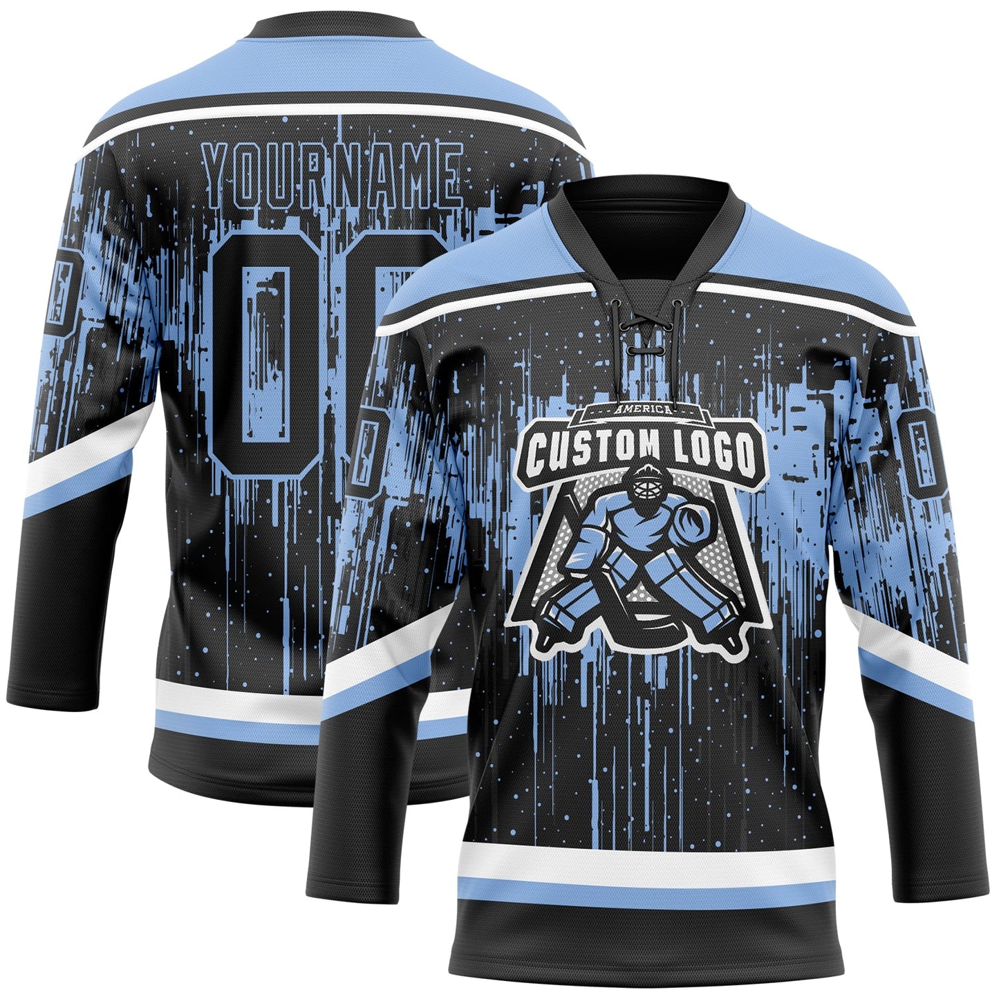Custom Black Light Blue Steel Gray-White Dripping Splatter Pattern Hockey Lace Neck Jersey view 2
