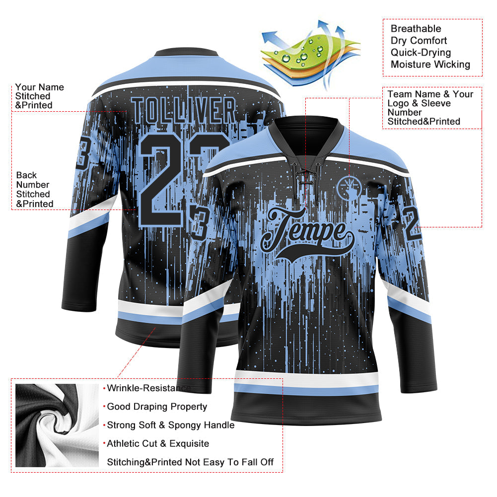 Custom Black Light Blue Steel Gray-White Dripping Splatter Pattern Hockey Lace Neck Jersey view 5