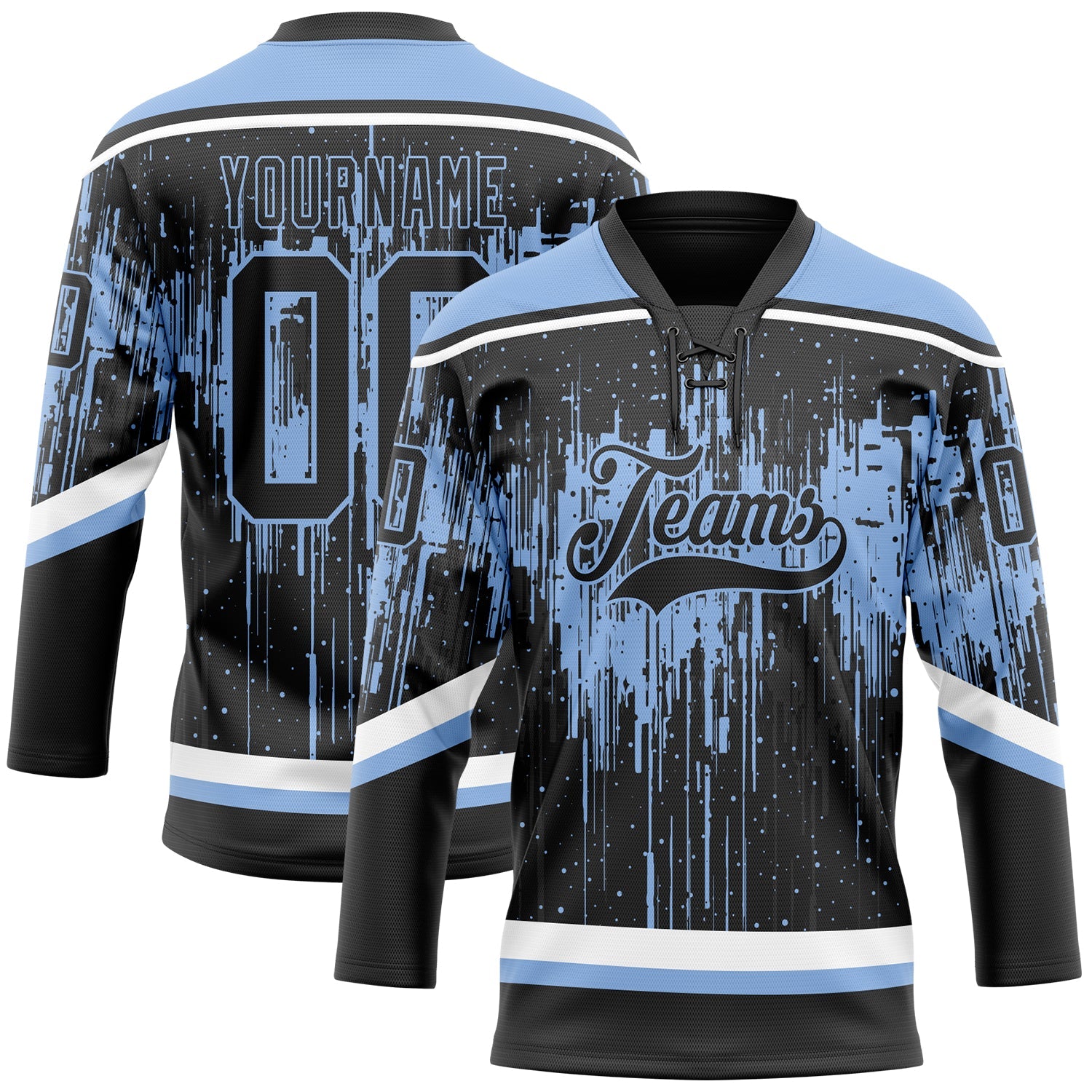 Custom Black Light Blue Steel Gray-White Dripping Splatter Pattern Hockey Lace Neck Jersey - Main View