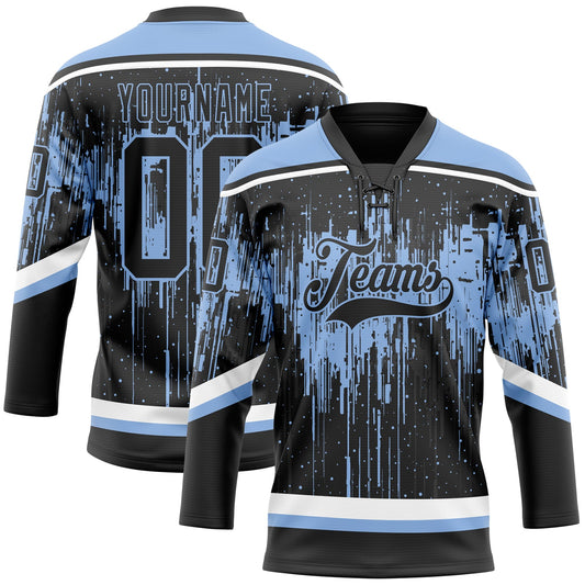 Custom Black Light Blue Steel Gray-White Dripping Splatter Pattern Hockey Lace Neck Jersey - Main View