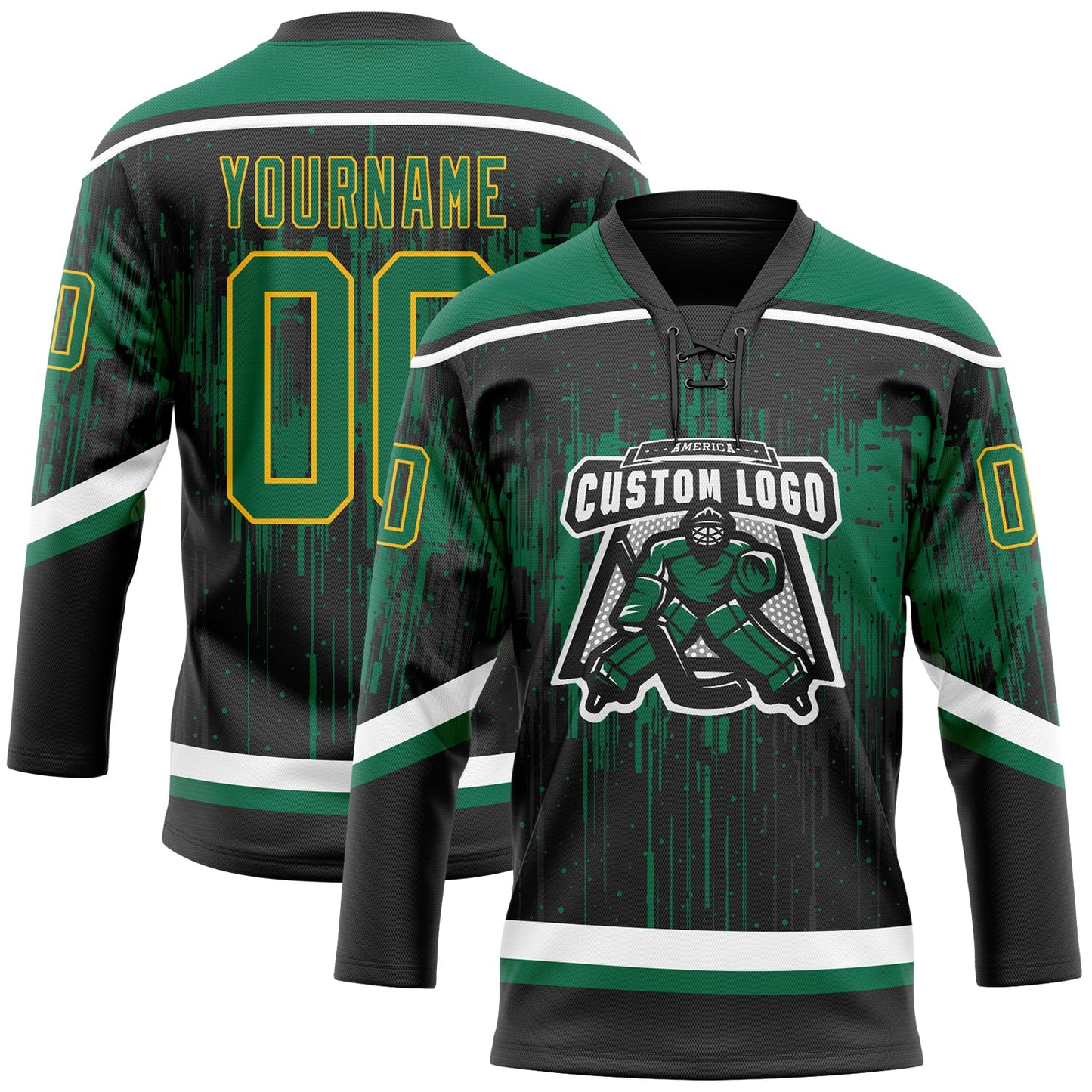 Custom Black Kelly Green Gold Steel Gray-White Dripping Splatter Pattern Hockey Lace Neck Jersey view 2