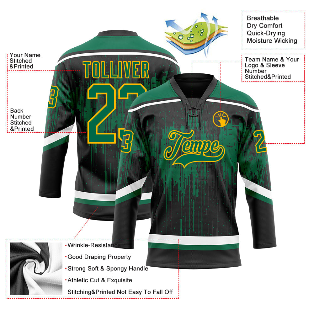 Custom Black Kelly Green Gold Steel Gray-White Dripping Splatter Pattern Hockey Lace Neck Jersey view 5