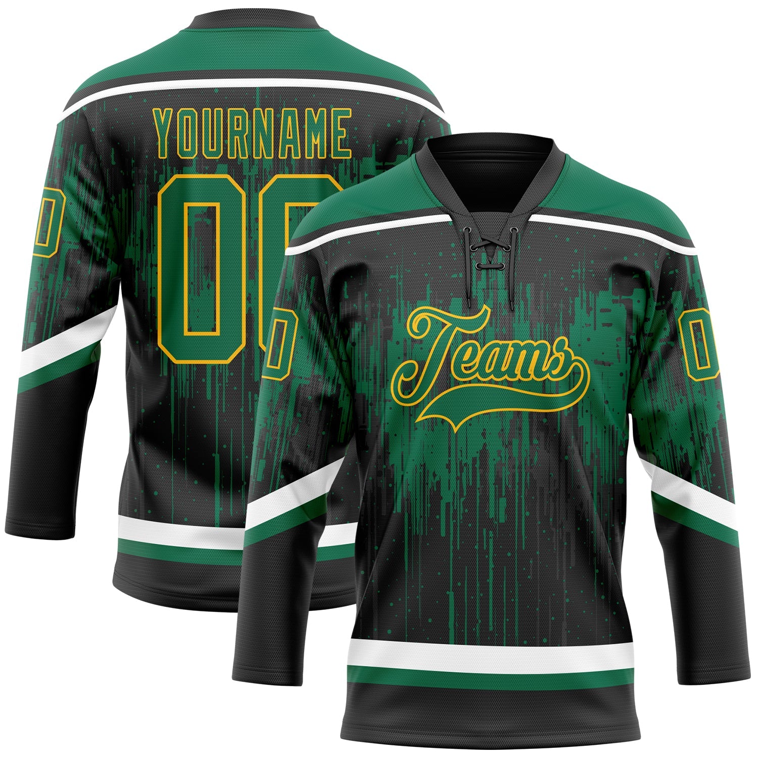 Custom Black Kelly Green Gold Steel Gray-White Dripping Splatter Pattern Hockey Lace Neck Jersey - Main View