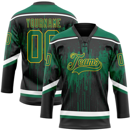 Custom Black Kelly Green Gold Steel Gray-White Dripping Splatter Pattern Hockey Lace Neck Jersey - Main View