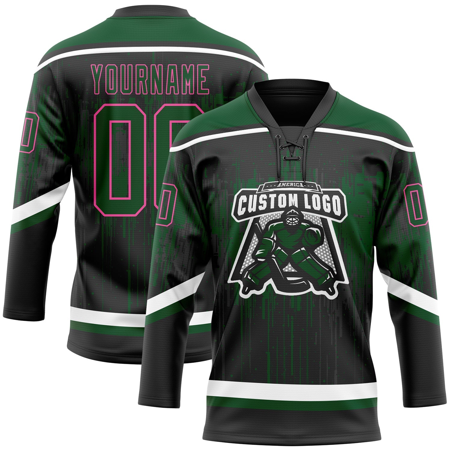 Custom Black Green Pink Steel Gray-White Dripping Splatter Pattern Hockey Lace Neck Jersey view 2