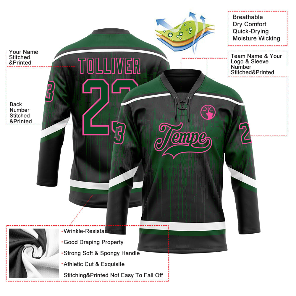 Custom Black Green Pink Steel Gray-White Dripping Splatter Pattern Hockey Lace Neck Jersey view 5