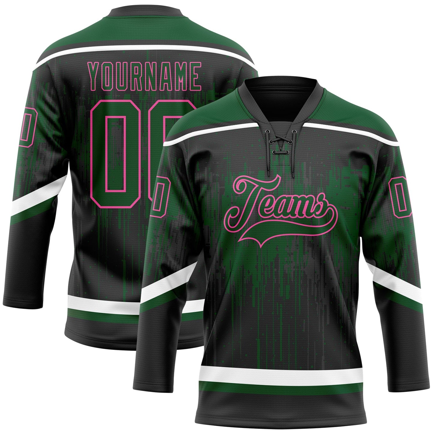 Custom Black Green Pink Steel Gray-White Dripping Splatter Pattern Hockey Lace Neck Jersey - Main View