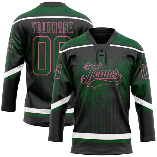 Custom Black Green Pink Steel Gray-White Dripping Splatter Pattern Hockey Lace Neck Jersey - Main View