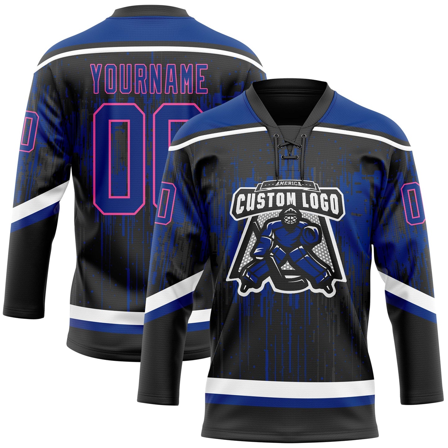 Custom Black Royal Pink Steel Gray-White Dripping Splatter Pattern Hockey Lace Neck Jersey view 2