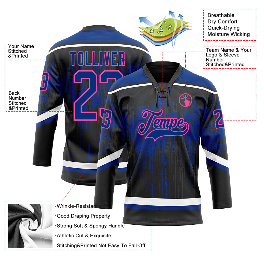 Custom Black Royal Pink Steel Gray-White Dripping Splatter Pattern Hockey Lace Neck Jersey view 5