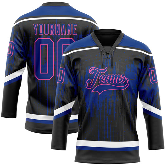 Custom Black Royal Pink Steel Gray-White Dripping Splatter Pattern Hockey Lace Neck Jersey - Main View