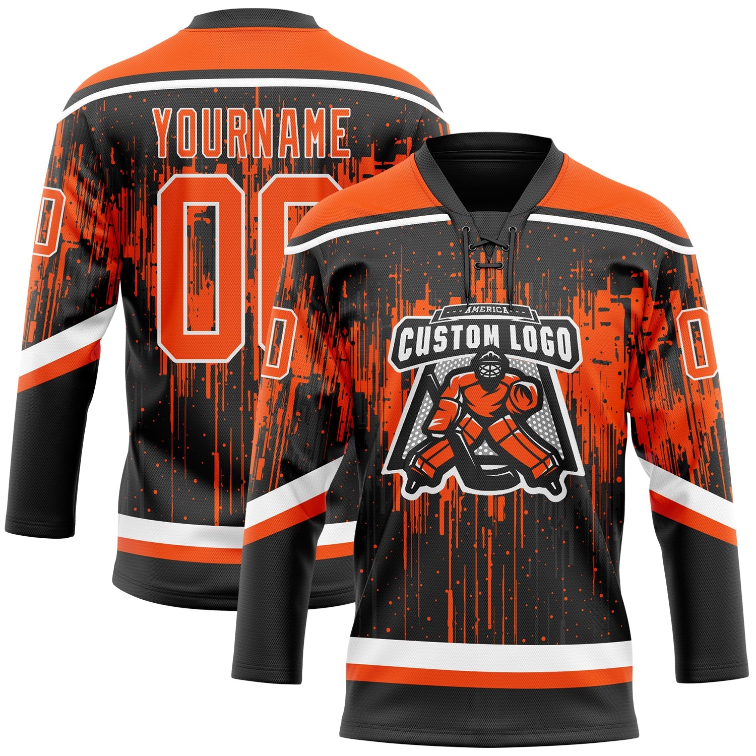 Custom Black Orange Steel Gray-White Dripping Splatter Pattern Hockey Lace Neck Jersey view 2