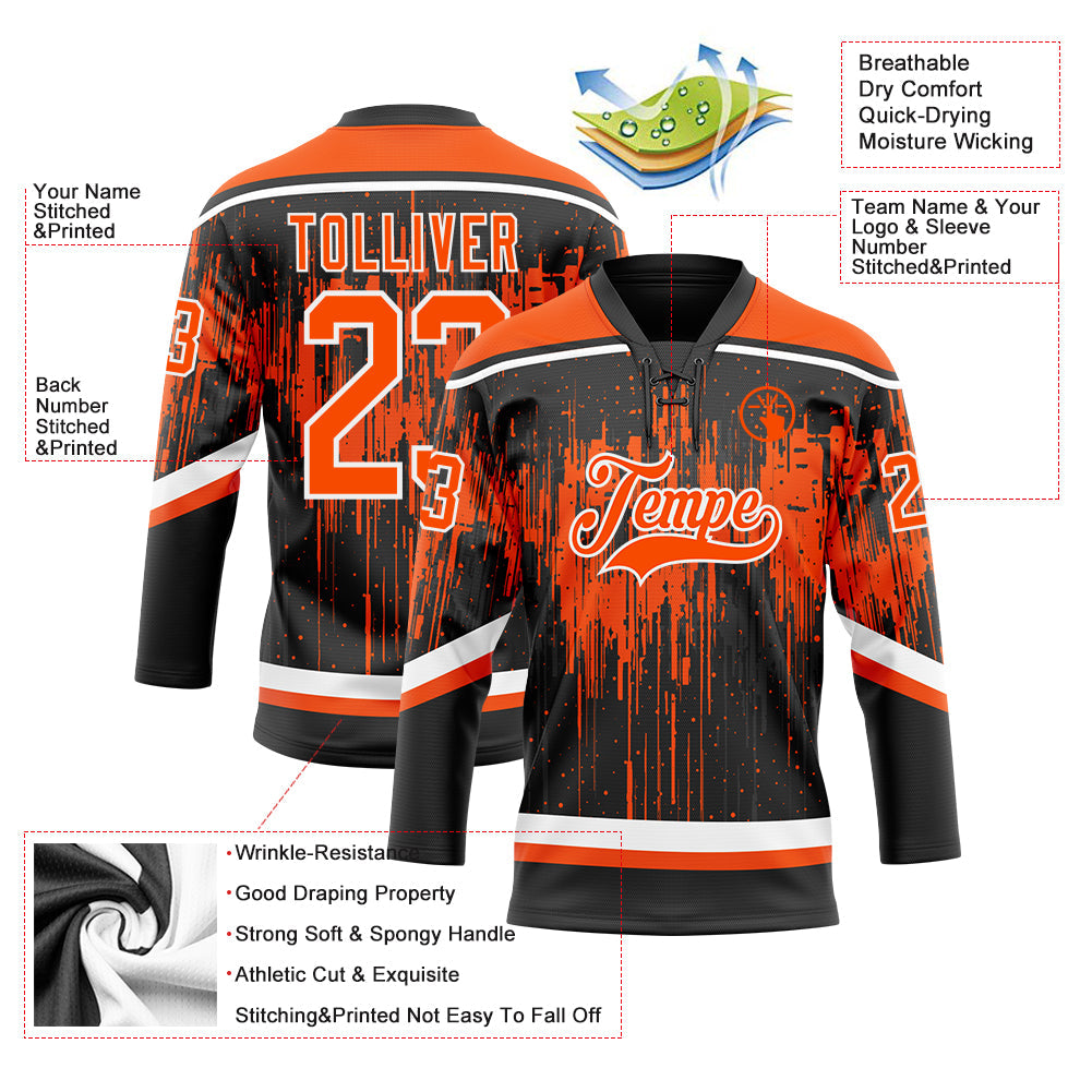 Custom Black Orange Steel Gray-White Dripping Splatter Pattern Hockey Lace Neck Jersey view 5