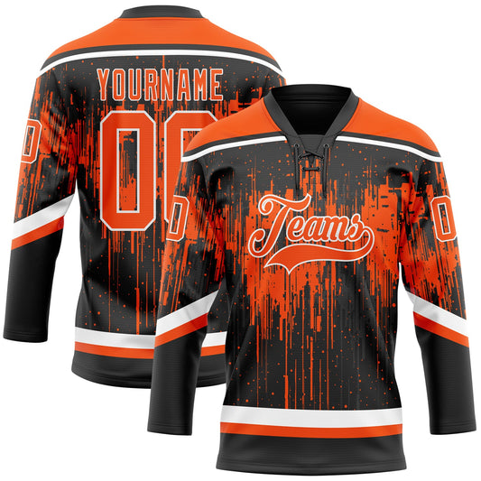 Custom Black Orange Steel Gray-White Dripping Splatter Pattern Hockey Lace Neck Jersey - Main View