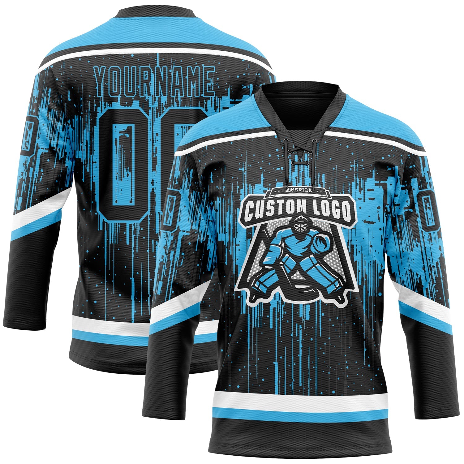 Custom Black Sky Blue Steel Gray-White Dripping Splatter Pattern Hockey Lace Neck Jersey view 2