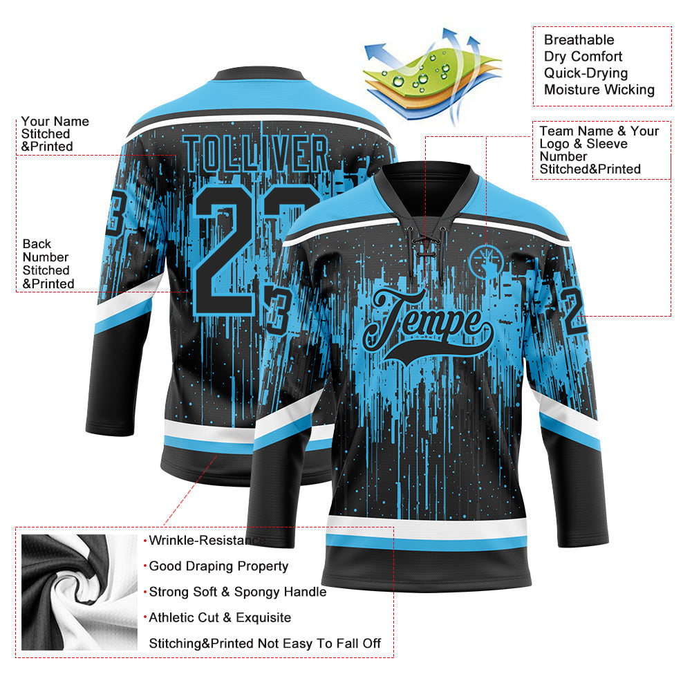 Custom Black Sky Blue Steel Gray-White Dripping Splatter Pattern Hockey Lace Neck Jersey view 5