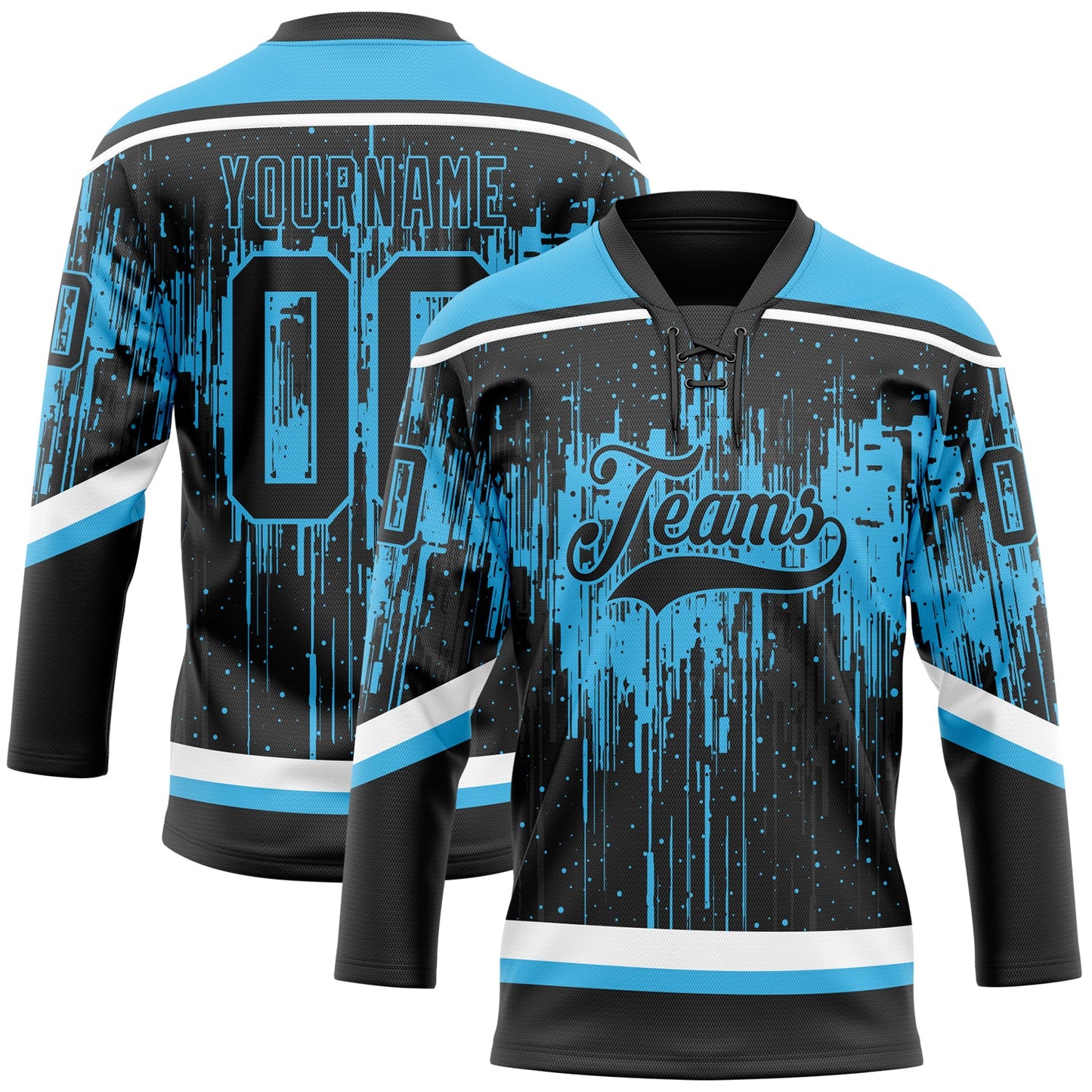 Custom Black Sky Blue Steel Gray-White Dripping Splatter Pattern Hockey Lace Neck Jersey - Main View