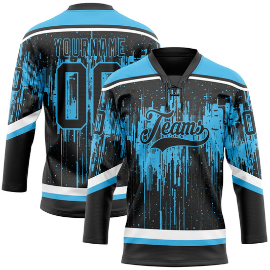Custom Black Sky Blue Steel Gray-White Dripping Splatter Pattern Hockey Lace Neck Jersey - Main View