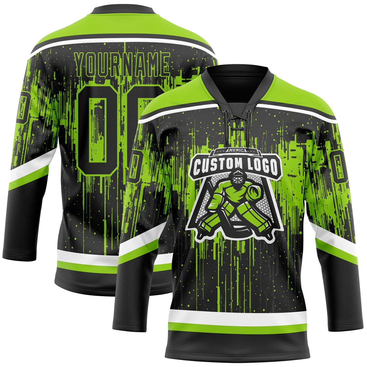 Custom Black Neon Green Steel Gray-White Dripping Splatter Pattern Hockey Lace Neck Jersey view 2