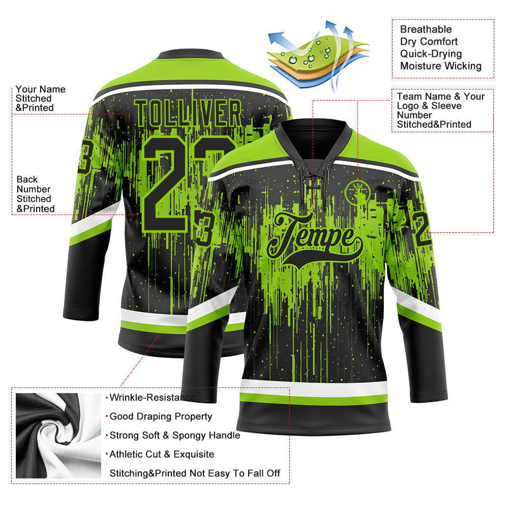 Custom Black Neon Green Steel Gray-White Dripping Splatter Pattern Hockey Lace Neck Jersey view 5