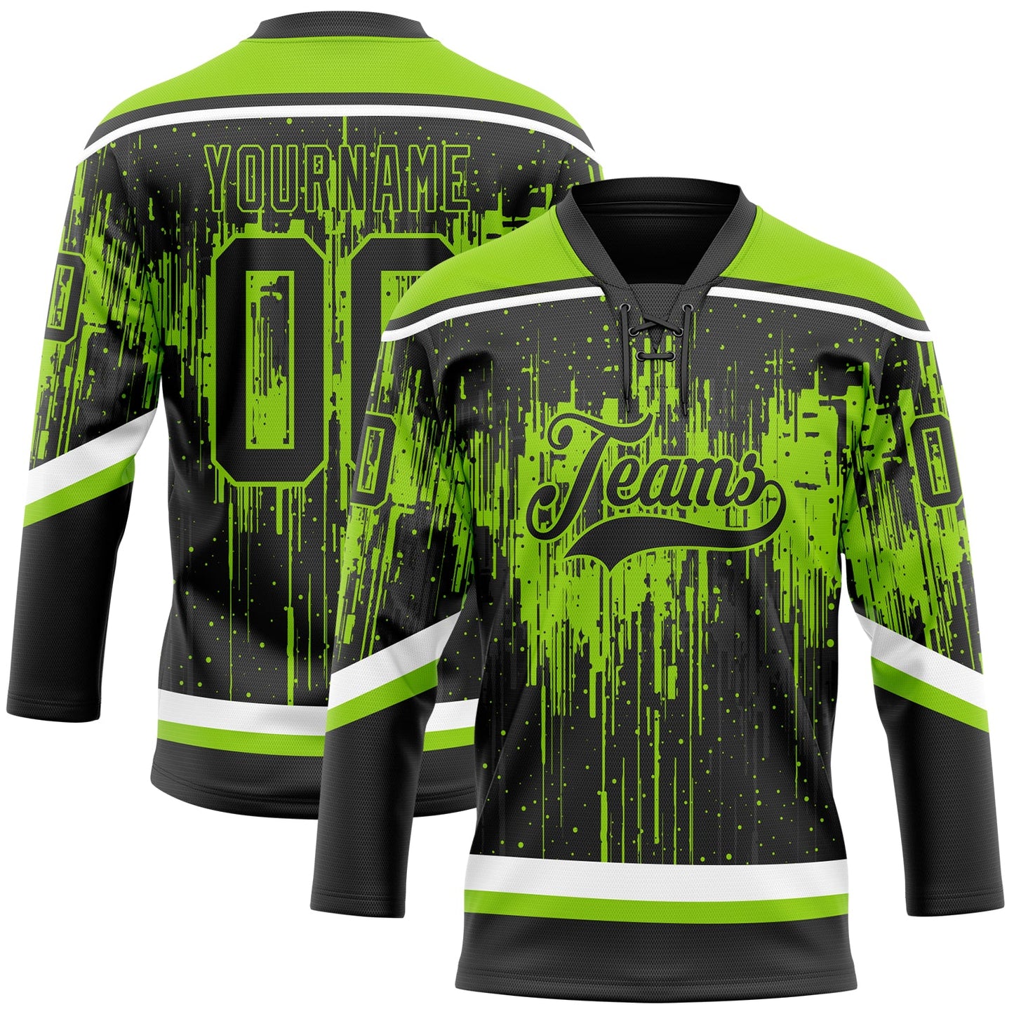 Custom Black Neon Green Steel Gray-White Dripping Splatter Pattern Hockey Lace Neck Jersey - Main View