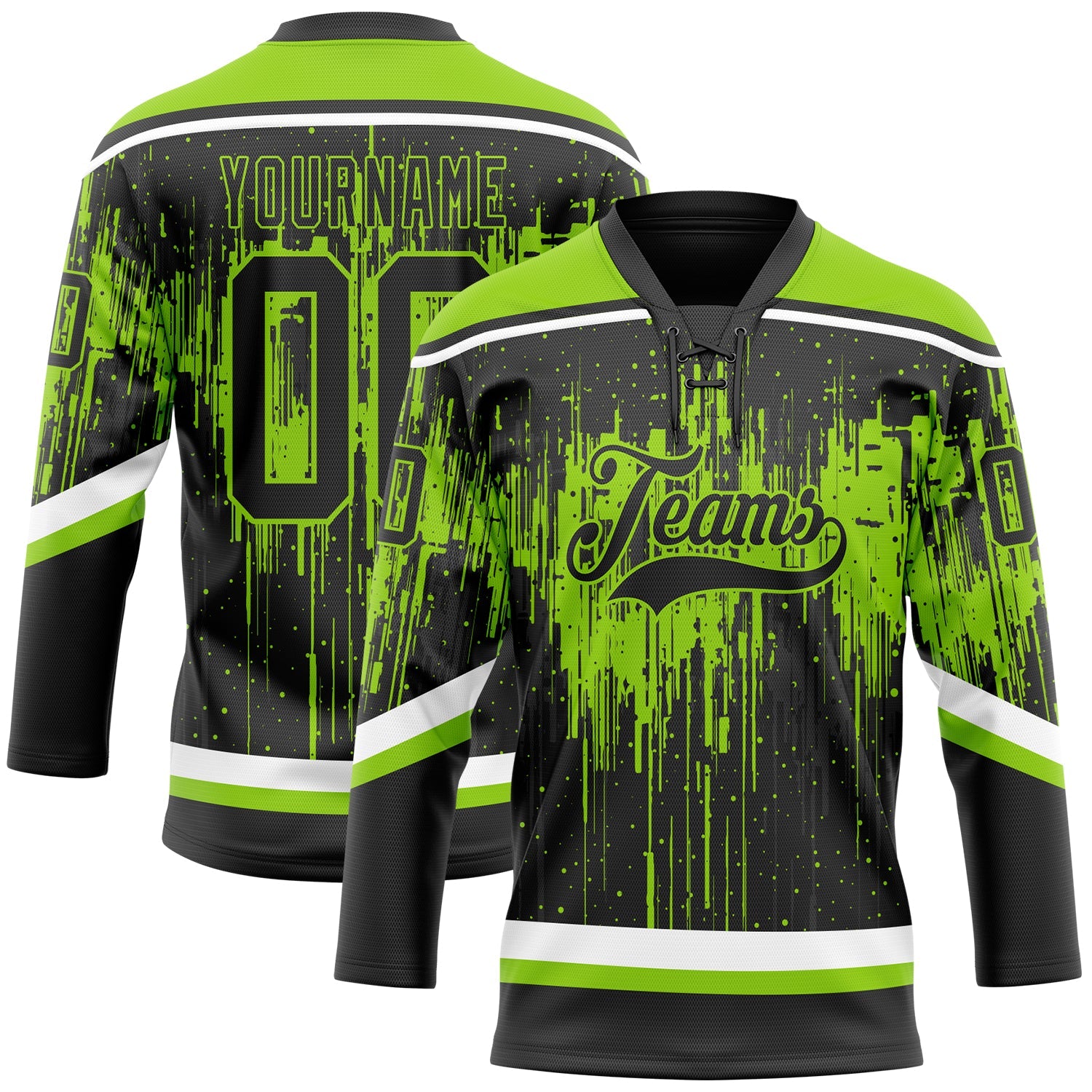 Custom Black Neon Green Steel Gray-White Dripping Splatter Pattern Hockey Lace Neck Jersey - Main View